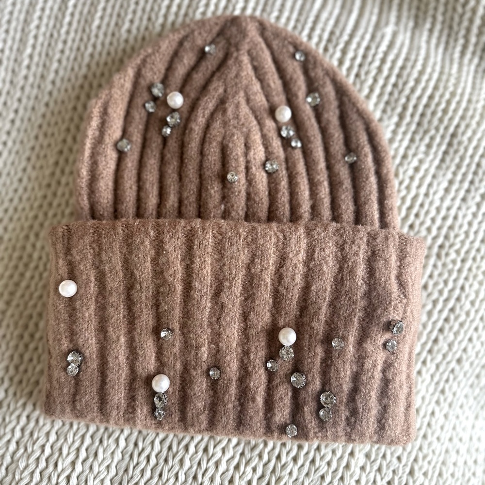 Anthropologie rhinestone and peal bedazzled winter hat